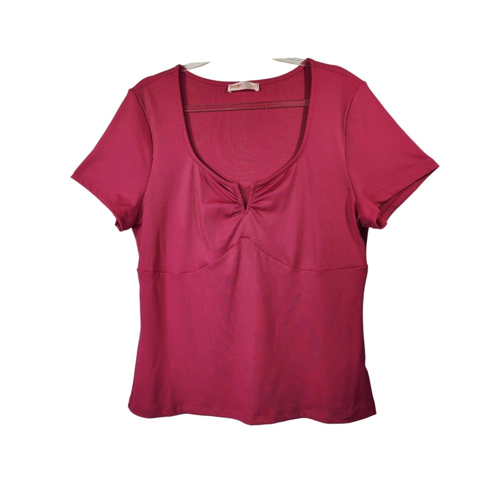 Intempo Ribbed Knit Top‎ XL Barbiecore Pink Ruched Sweetheart Neck Short Sleeve